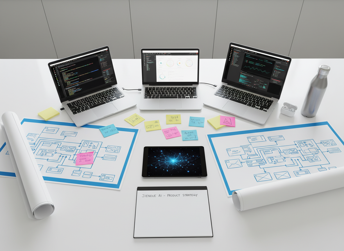 An overhead, photographic shot of a large, clean white table filled with AI software planning artifacts, with no people present. On the table are several open laptops showing code and model dashboards, printed diagrams of data pipelines, sticky notes with sketched wireframes, and a tablet displaying an abstract neural network visualization. A pair of sleek wireless earbuds and a minimalist stainless steel water bottle add subtle realism. Soft, indirect office lighting from ceiling panels creates even illumination with gentle shadows around each object. The mood is collaborative and solution-oriented, suggesting intense technical brainstorming and teamwork without showing individuals. Composition uses asymmetrical balance and sharp focus throughout, evoking a modern AI product strategy session for JIENOUE AI.