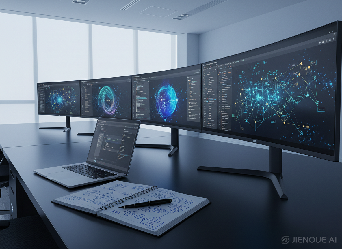 A wide, panoramic view of a sleek AI software operations room without any people, featuring a long matte-black desk lined with multiple ultra-wide monitors showing abstract, colorful data visualizations, code editors, and neural network diagrams. A high-end laptop with a brushed aluminum finish sits open in the foreground, beside a notebook filled with hand-drawn flowcharts and a pen. Cool, diffused daylight enters from a large unseen window, creating soft reflections on the screens and desk surface. The mood is focused and professional, highlighting quiet, deep technical problem-solving. Photographic realism, shot at eye level with sharp focus throughout, clean and modern aesthetic, conveying a high-end AI consultancy workspace for JIENOUE AI.
