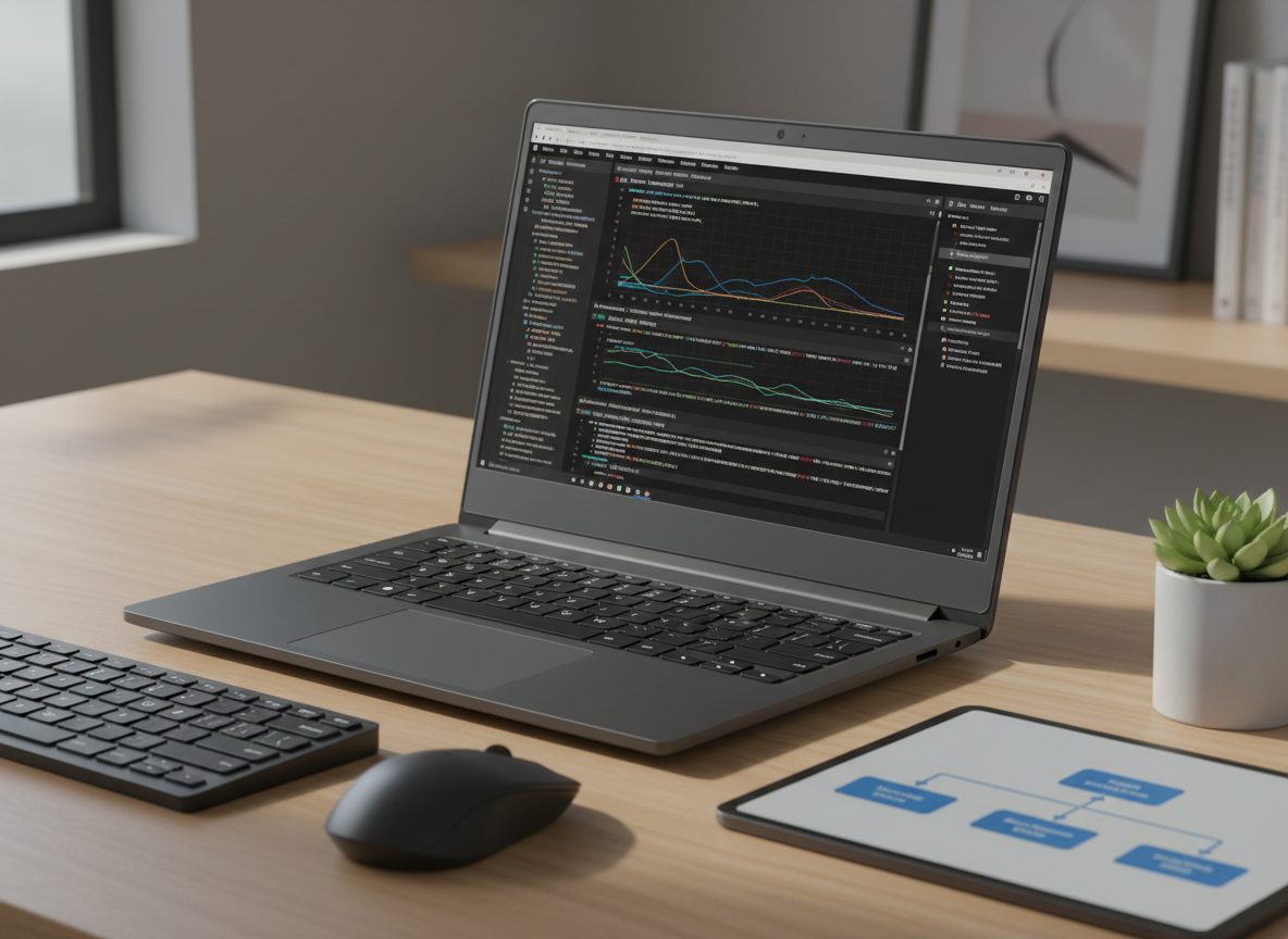 A close-up, photographic view of a dark graphite laptop on a tidy wooden desk, screen filled with vividly colored AI model training graphs, code, and a live console output. Surrounding the laptop are neatly arranged objects: a slim mechanical keyboard, a wireless mouse, a small potted plant, and a tablet displaying a system architecture diagram. Soft, overcast daylight from a side window casts gentle shadows and subtle highlights on the metal edges and keycaps. The atmosphere feels analytical yet calm, emphasizing meticulous engineering work. Shot from a slightly elevated angle with shallow depth of field, keeping the screen content crisp while the background fades into a tasteful blur, reinforcing the idea of focused AI software craftsmanship for a professional business site.